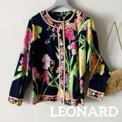 新品】レオナール✨艶コットン クルーネック 鳥花柄 ロゴ生地