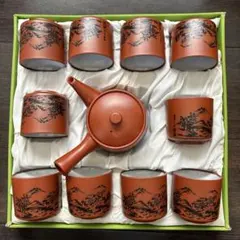 未使用】常滑焼 朱泥 茶器セット 急須 ＆ 湯呑み5客 竹彫 伝統工芸品