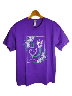 GILDAN ヘビーコットン Tシャツ パープル 花とグラス柄 L US古着