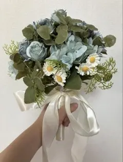 値下げ くすみブルー 造花 ラウンドブーケ