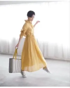 PLST フレアロングリネンスカート　イエロー S