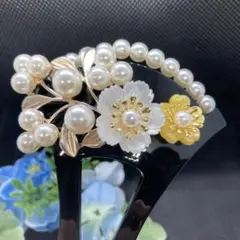 ◇419番簪和装小物　 バチ型 結婚式 パール 留袖 着物 髪飾り成人式、黒ー