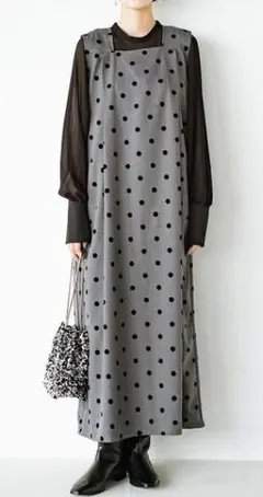 haco!ドット柄ジャンパースカート(ノースリーブワンピース)グレー×黒ドット