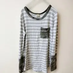 長袖Tシャツ グレーとホワイトのストライプ 【S】あまり見ないデザイン