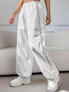 SHEIN ホワイト サイドライン ワイドパンツ