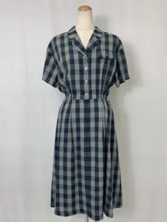C623 used レトロ 柄物 チェック シャツ ロング ワンピース