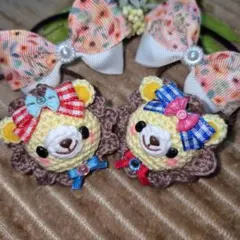 あみぐるみヘアゴム&手作りリボン☆ライオンさん　黄色　2個づつ(全4個)