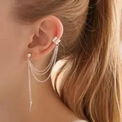イヤーカフ付き　ロングチェーンピアス　シルバー　リーフ　片耳用