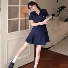 ポロワンピース ネイビー 半袖 プリーツ ミニ丈