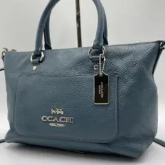 良品 COACH ショルダーバッグ レザー ブルー 2way サッチェル