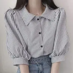 SHEIN Honeyspot ストライプ パフスリーブ シャツ 半袖