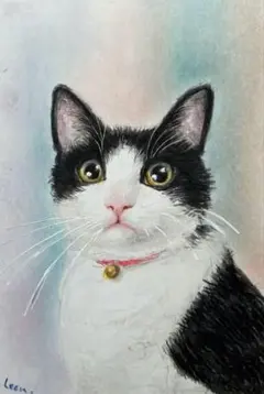 猫 絵画 子猫 イラスト 水彩色鉛筆 油彩色鉛筆 原画 ハチワレ猫ちゃん