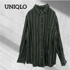UNIQLO フランネル 長袖 シャツ ストライプ ダークグリーン 【XL】