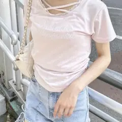 即日発送 INGNI サイドギャザーレース付ロゴクロスTシャツ ピンク y2k