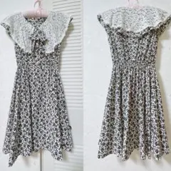 古着 ワンピース 可愛い襟 レース 大きめ襟 花柄 リボン 膝丈ワンピース