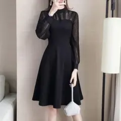 黒のドットレース長袖Aラインワンピース　L
