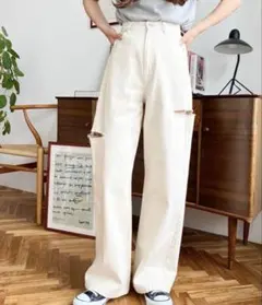 moment + ヘビーツイル&デニムダメージストレートパンツ Sサイズ