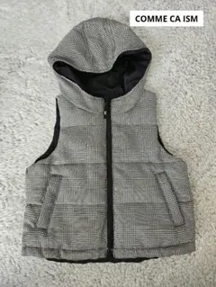 チェック柄／ブラックフード付きリバーシブルダウンベスト