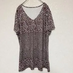 カットソー Vネック 半袖 総柄 XL 茶 ブラウン ポリエステル 普段着