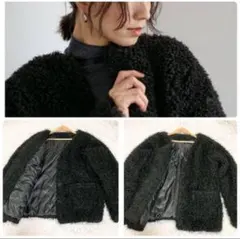 プードルフェイクファーノーカラーコート ゆったりサイズ ブラック モコモコ 美品