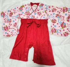 赤とピンクの花柄ロンパース　80