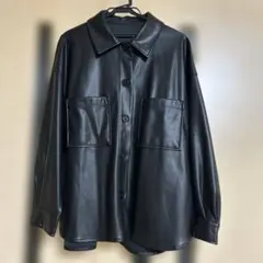 フェイクレザー　シャツジャケット　ブラック　M