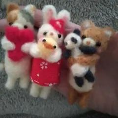 羊毛フェルト・ちびっこ仲良し・くま&ウサギ&三毛猫ちゃんセット