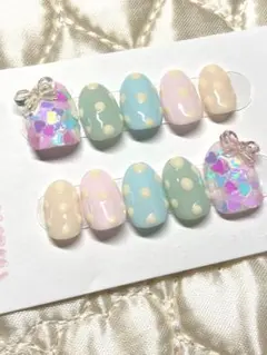No.48『現品＆オーダー可』パステルカラー ドット柄 ネイルチップ リボン