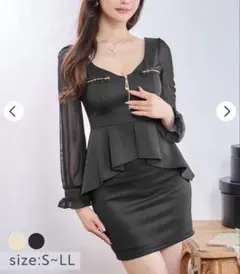 DAZZY フロントジップビジューラインペプラムシフォン長袖タイトミニドレス L