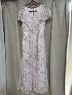 TOCCO パール付きネックリボン水彩ラインフラワープリーツワンピース