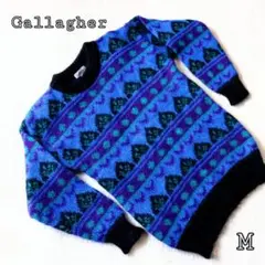 Gallagher❣️ニット　M　青　黒　モヘア混紡　総柄　丈長め【匿名配送】