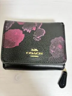 COACH 三つ折り財布 ブラック 花柄 コインケース付き
