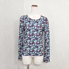 Vipoa　花柄ストレッチトップス　総柄　長袖（F）ブルー系　フィット感