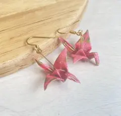 ピンク＊和紙で作った折り鶴ピアス/イヤリング