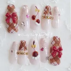 現品❤斜めチェック リボン さくらんぼ フレンチガーリー バレリーナネイルチップ