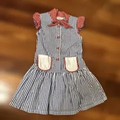 子供服 ワンピース サイズ5（110相当）ストライプ×花柄襟 ノースリーブ 夏服