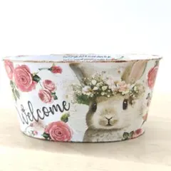 リメイク缶 バケツ型取手付き たまごを抱いたうさぎさんとローズ