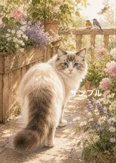 ラベンダーと三毛猫の柔らかな透明水彩風アート A4 インテリア - メルカリ