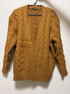 マスタード ケーブル編み ニットカーディガン