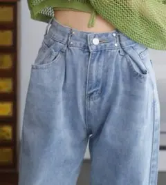 ハイウエストワイドストレートデニムパンツ　ウエストホック