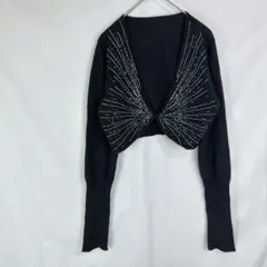 ニットボレロ　ビーズ装飾　ブラックグレー　ショート丈　カーディガン　華やか　春秋