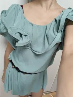 ソフトワイヤー入フリルスリーブオフショルダーチュニックワンピースライムグリーン