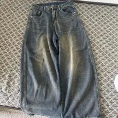 ワイドシルエット デニムパンツ ウォッシュ加工