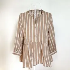 イノウェーブ ブラウンストライプ五分袖シャツ 春夏 透け感あり レディース L