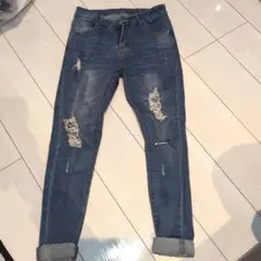 スキニーデニム ダメージ加工 デニムブルー