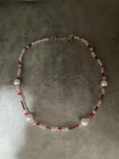 手作りビーズネックレス ピンク ホワイト