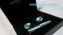 正規未 イヴサンローラン YSL 2カラーカフスボタン 青×白 タイピン SET