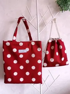 ハンドメイド水玉ぺたんこミニトートバック、巾着袋2点セット