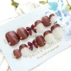 ネイルチップ ラメブラウン フレンチ リボン キュート