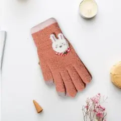 【新品】寒さ対策はこれで決まり！ うさぎの手袋 あったか５本指手袋 柔らか 赤色